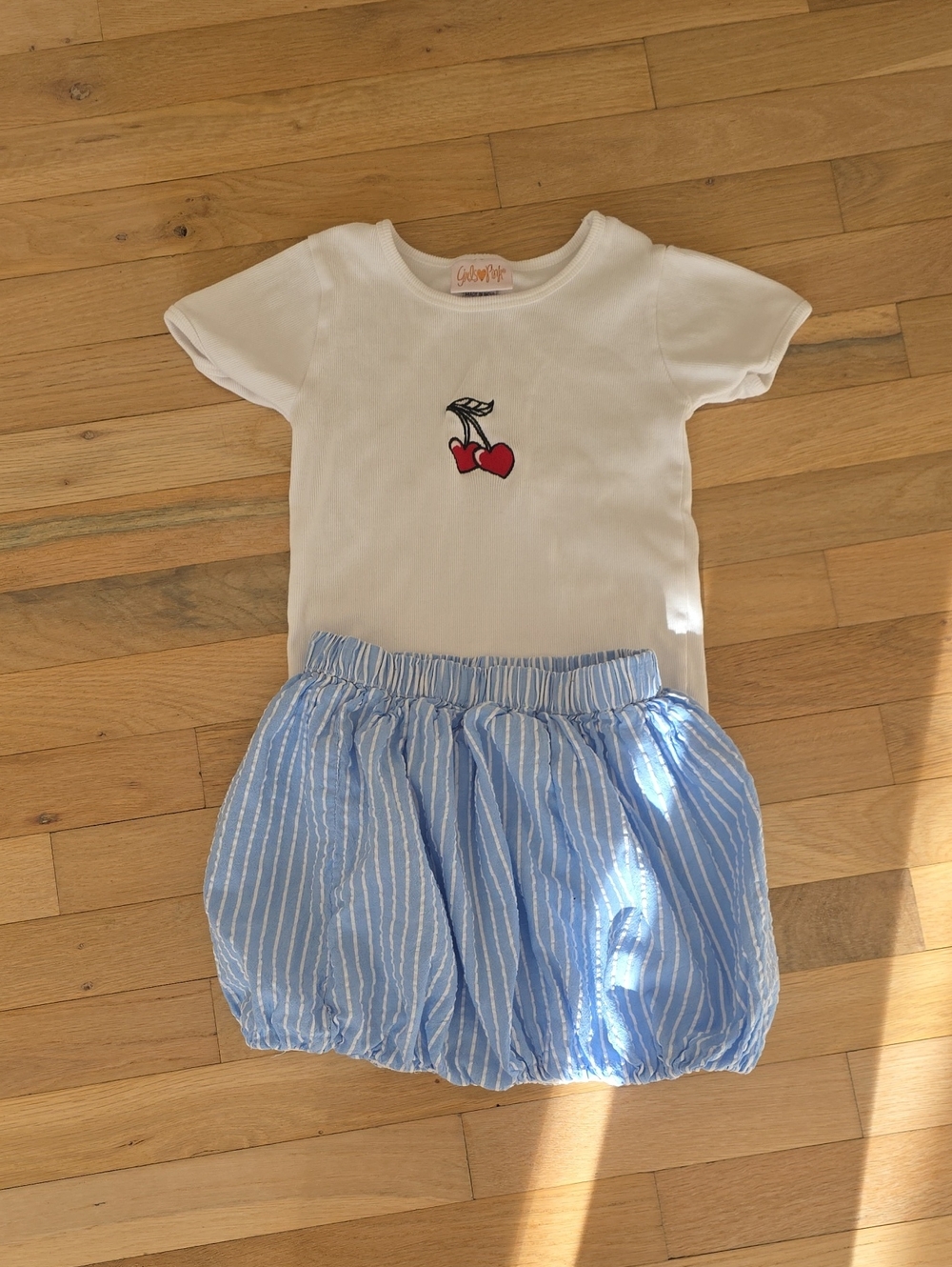 White Cherry Tee with Light Blue Striped Bubble Skirt